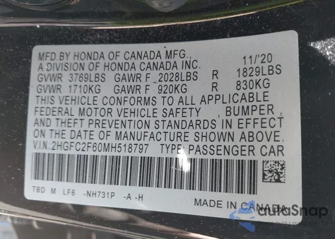 2021 Honda Civic Lx from USA, damaged, VIN 2HGFC2F60MH518797